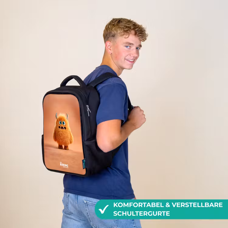 Oranje Pluizig Monster met Hoorns Rugzak - Zwart middel -sfeer9_DE