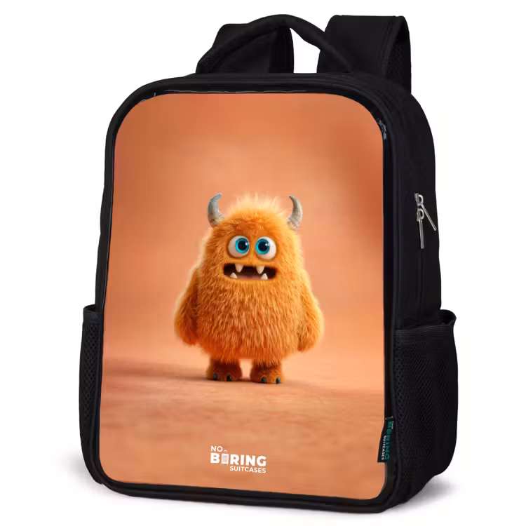 Oranje Pluizig Monster met Hoorns Rugzak - Zwart middel -schuin