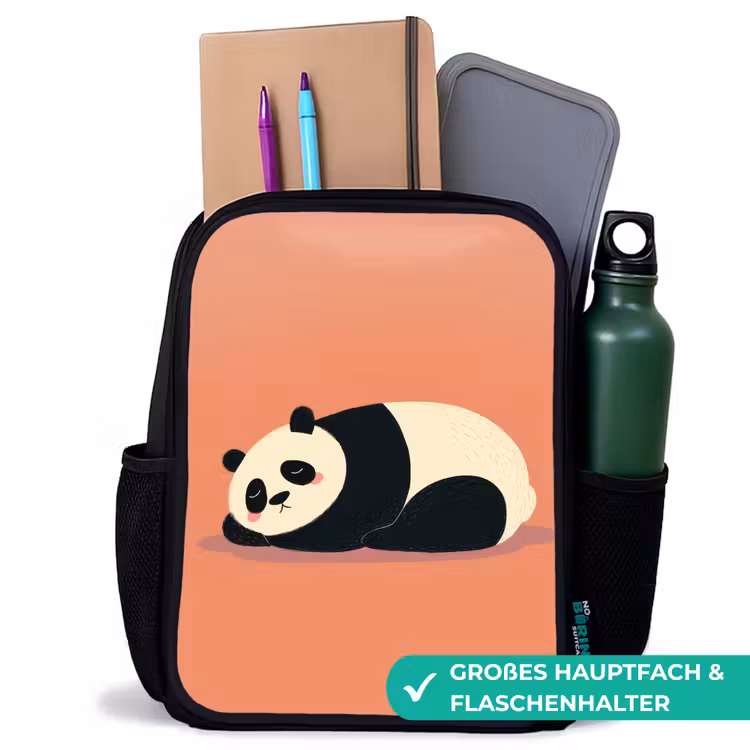 Panda - Slaap - Oranje Rugzak - Zwart middel -inhoud_DE