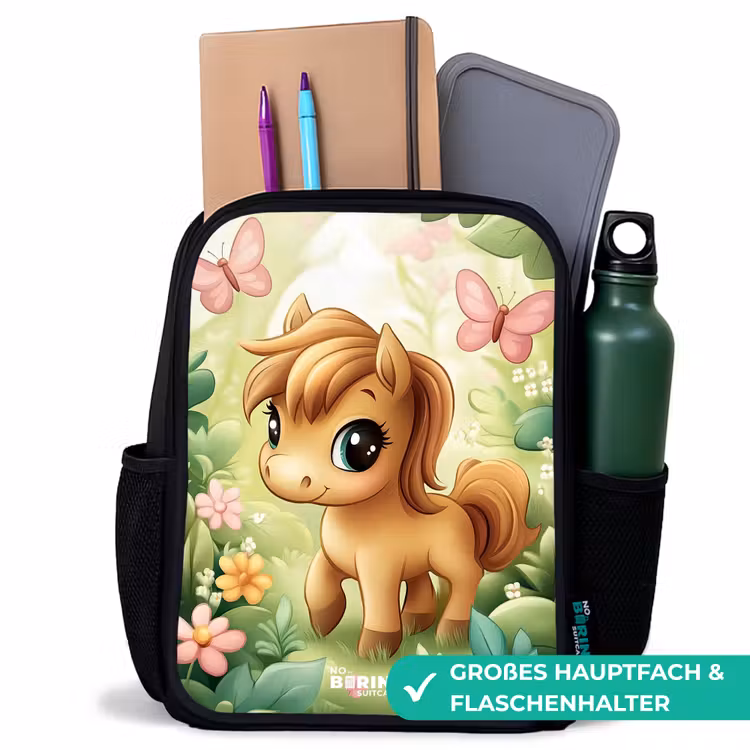 Paard - Bloemen - Vlinders Rugzak - Zwart middel -inhoud_DE