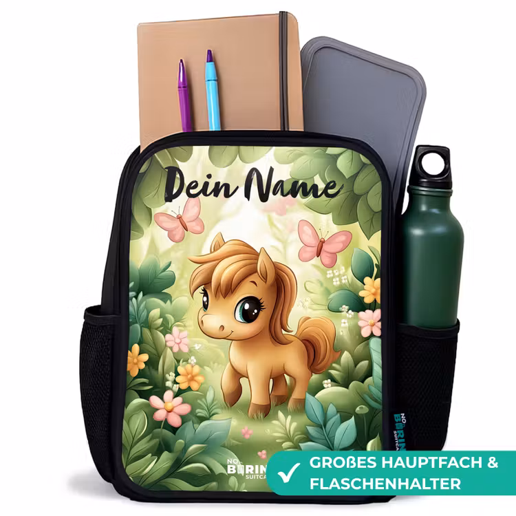 Paard - Bloemen - Vlinders Rugzak - Zwart middel -inhoud_DE