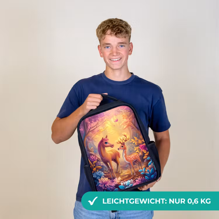 Paard en hert in een roze sprookjesbos Rugzak - Zwart middel -sfeer7_DE