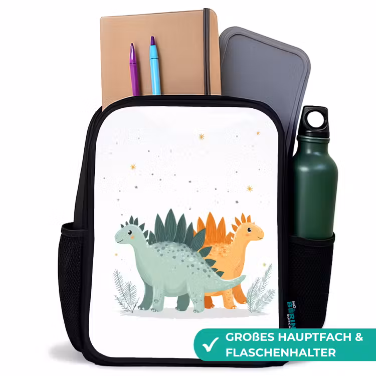 Planten - Sterren - Dinosaurussen - Oranje Rugzak - Zwart middel -inhoud_DE