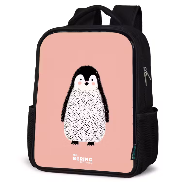 Pinguïn - Stippen - Roze - Minimalistisch Rugzak - Zwart middel -schuin