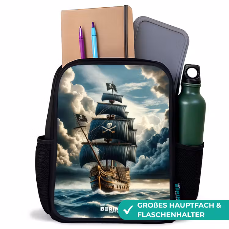 Piratenschip op een woeste zee Rugzak - Zwart middel -inhoud_DE