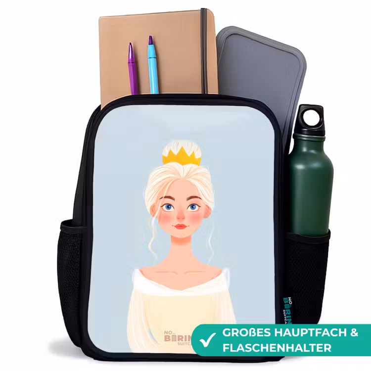 Prinses met een gouden kroon - Blauw Rugzak - Zwart middel -inhoud_DE