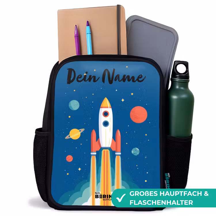 Raket - Planeet - Sterren - Veelkleurig Rugzak - Zwart middel -inhoud_DE