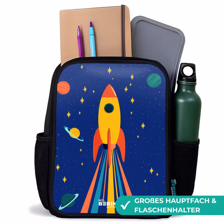 Raket - Sterren - Planeet - Ruimte Rugzak - Zwart middel -inhoud_DE
