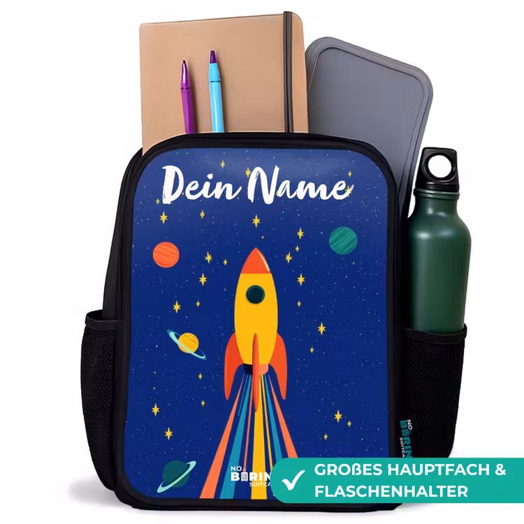 Raket - Sterren - Planeet - Ruimte Rugzak - Zwart middel -inhoud_DE