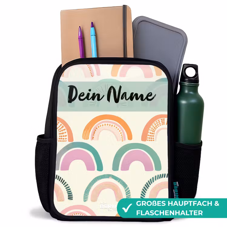 Regenboog - Pastel - Patroon Rugzak - Zwart middel -inhoud_DE