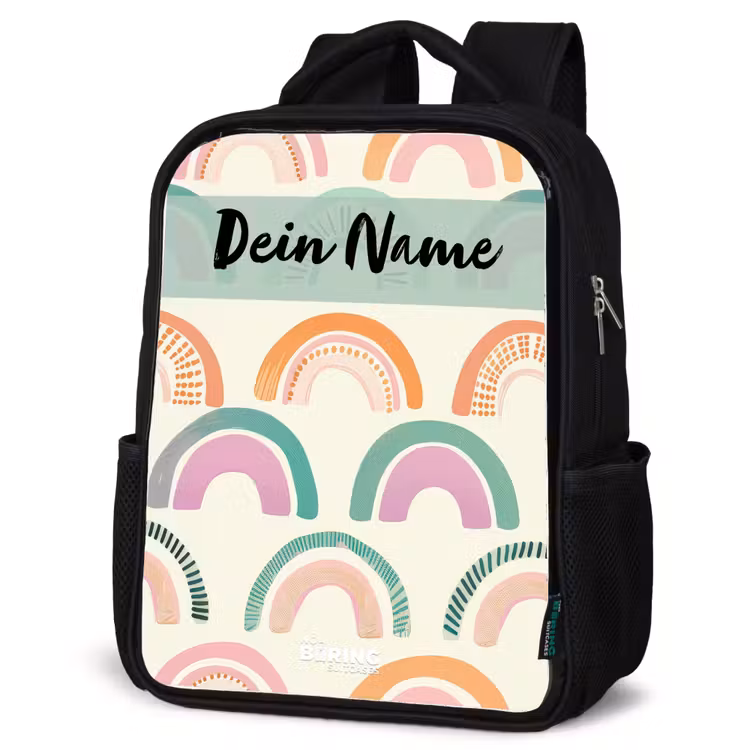 Regenboog - Pastel - Patroon Rugzak - Zwart middel -schuin
