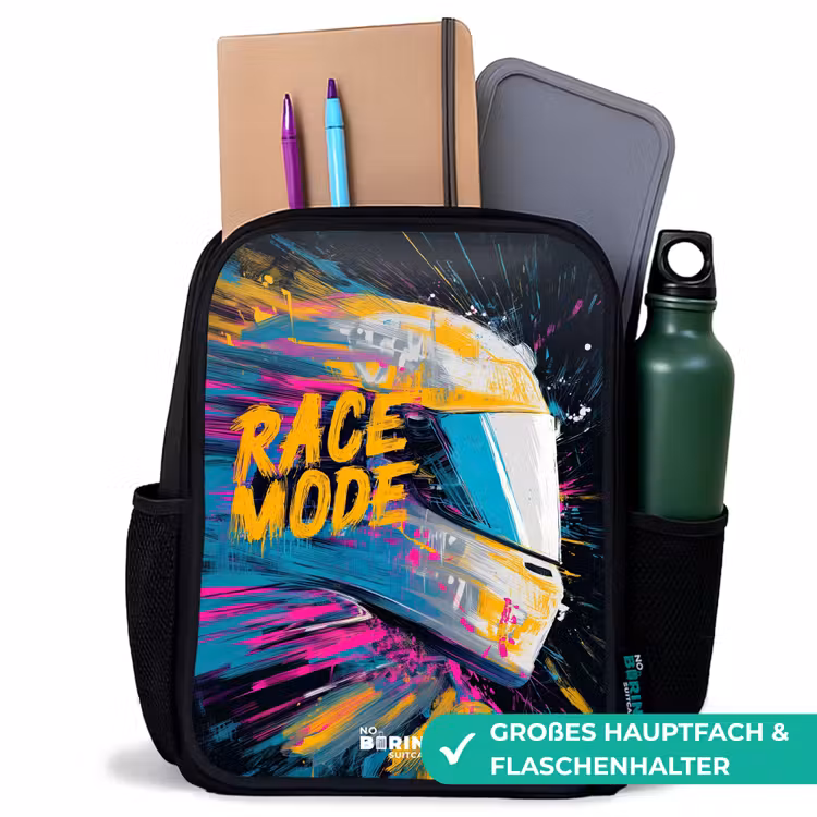 Racehelm - Verfspatten - Penseelstreken - Race mode Rugzak - Zwart middel -inhoud_DE