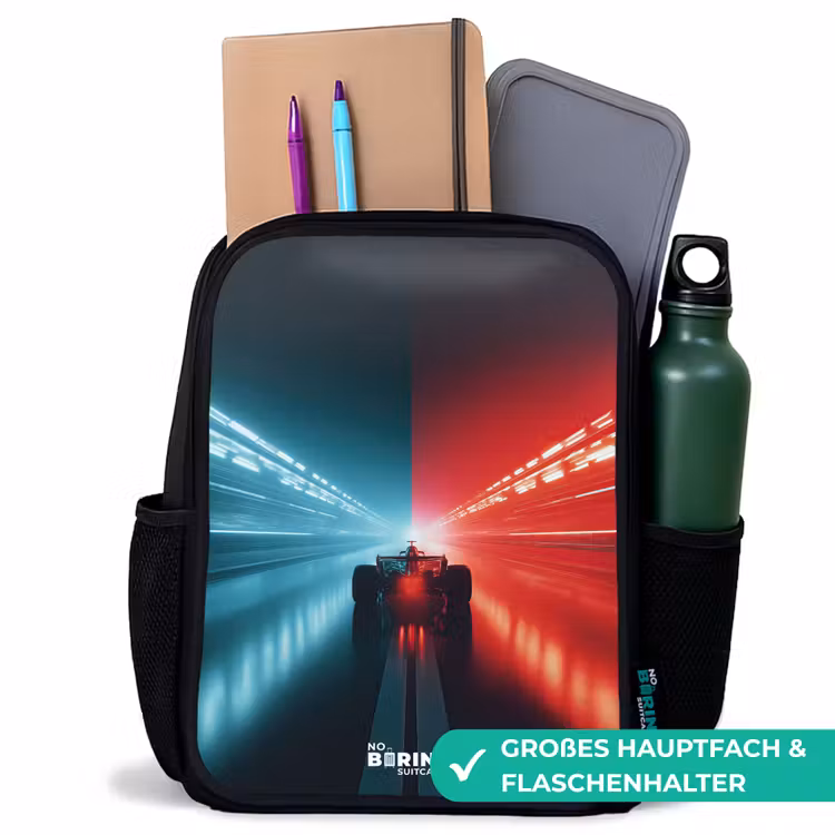 Baan - Raceauto - Neon - Rood Rugzak - Zwart middel -inhoud_DE