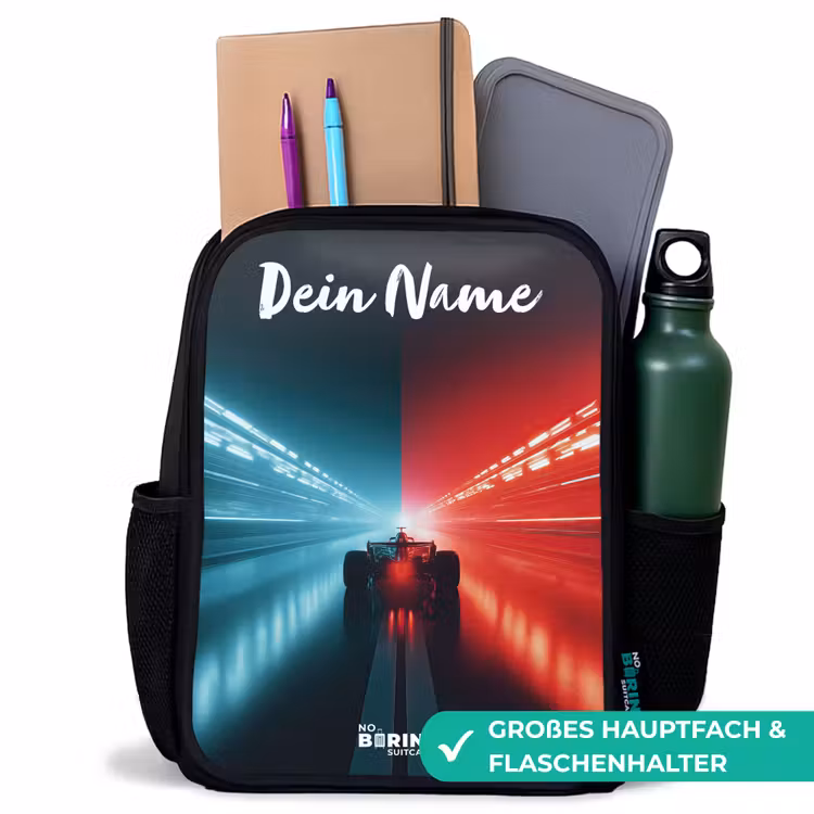 Raceauto - Verlichting - Neon - Rood Rugzak - Zwart middel -inhoud_DE