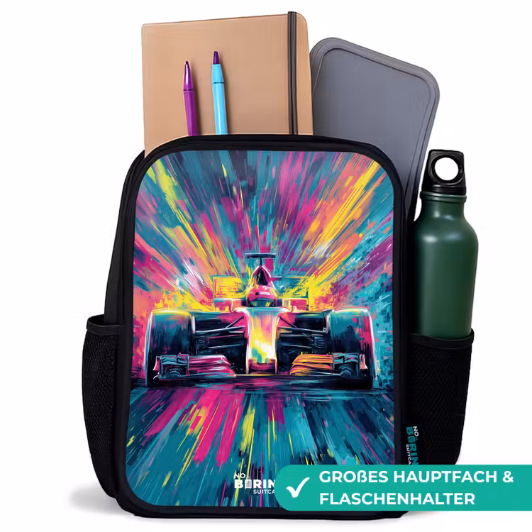 Raceauto - Explosie - Kleurrijk - Abstract Rugzak - Zwart middel -inhoud_DE