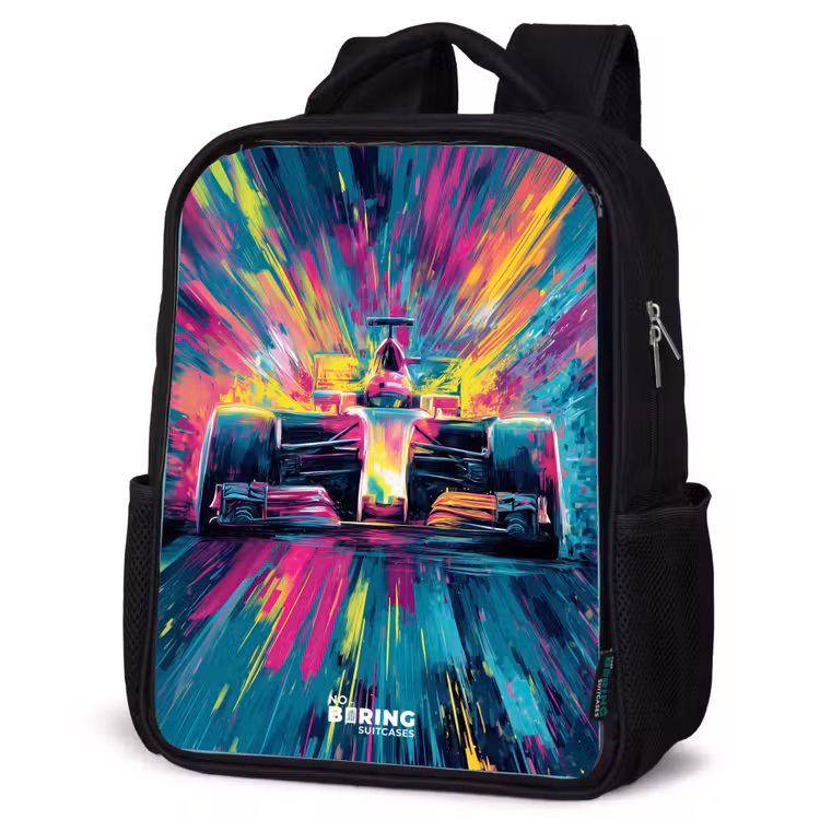Raceauto - Explosie - Kleurrijk - Abstract Rugzak - Zwart middel -schuin