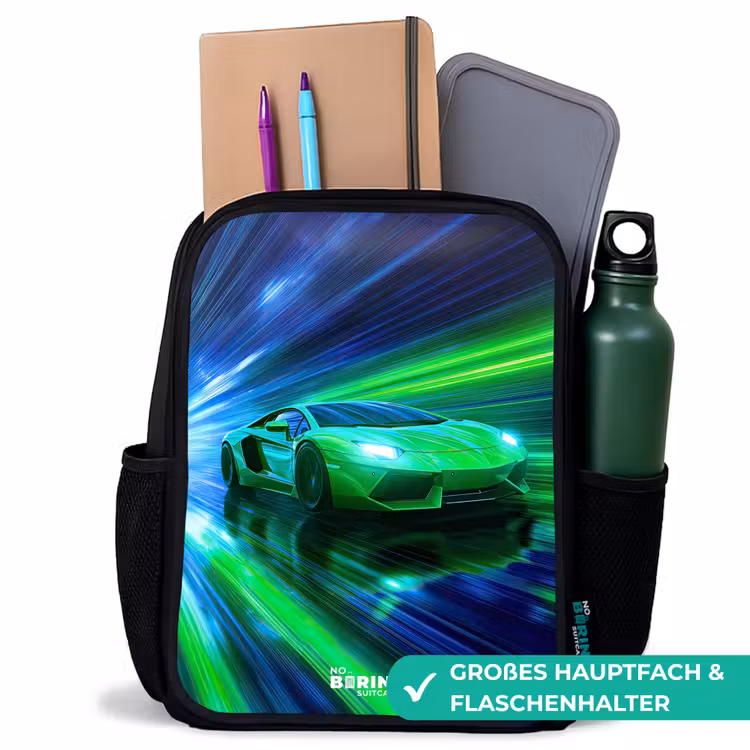 Raceauto - Felgroen - Lichtstralen - Snelheid Rugzak - Zwart middel -inhoud_DE