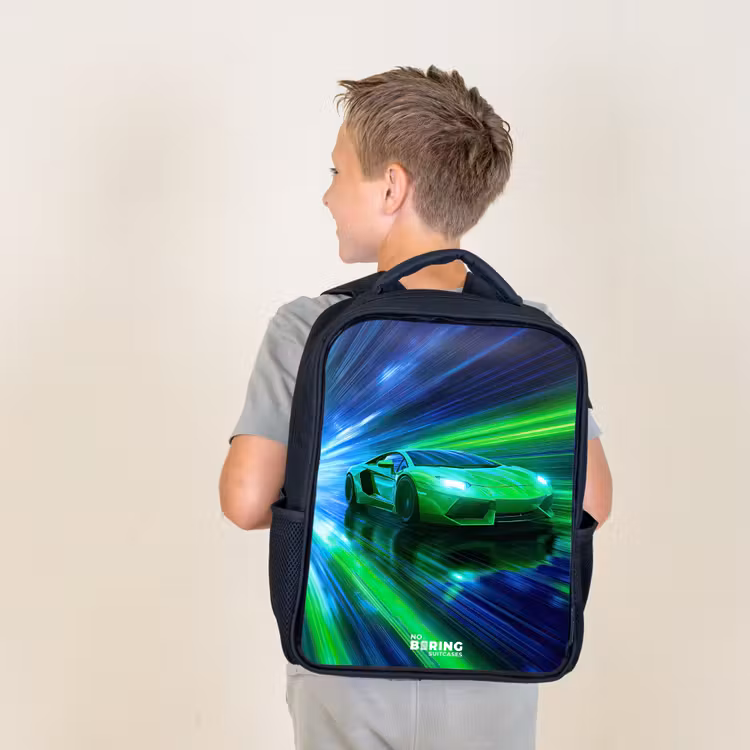 Raceauto - Felgroen - Lichtstralen - Snelheid Rugzak - Zwart middel -sfeer2