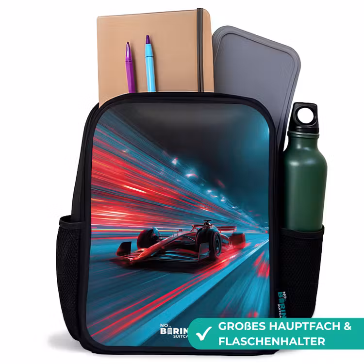 Raceauto - Baan - Neon - Verlichting Rugzak - Zwart middel -inhoud_DE