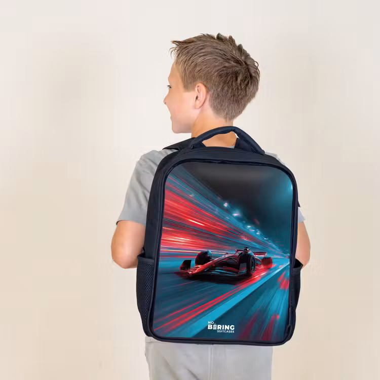 Raceauto - Baan - Neon - Verlichting Rugzak - Zwart middel -sfeer2