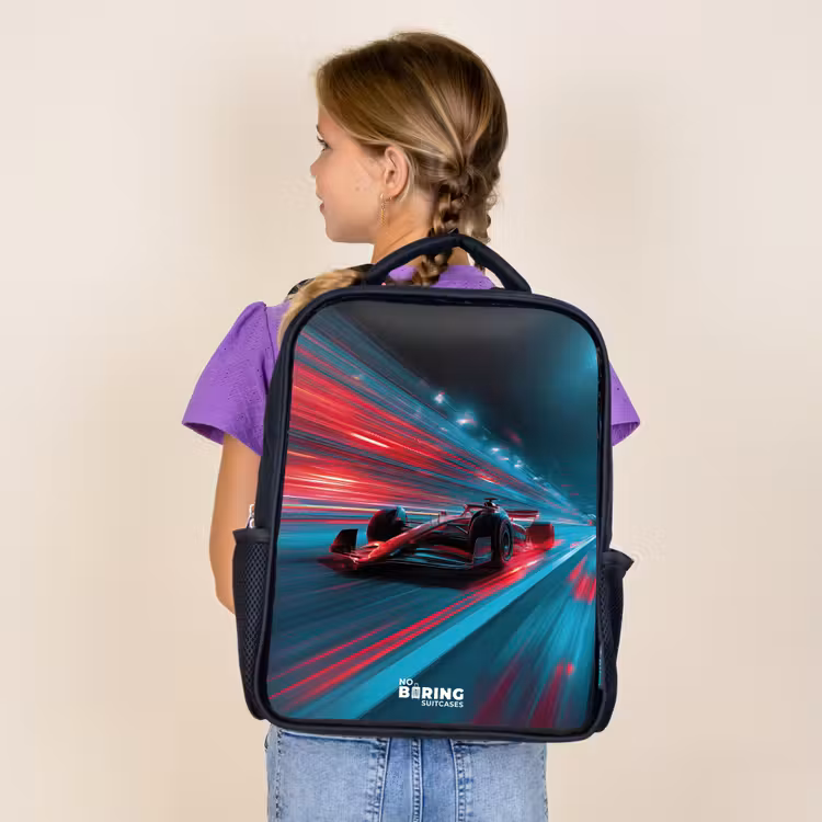 Raceauto - Baan - Neon - Verlichting Rugzak - Zwart middel -sfeer5