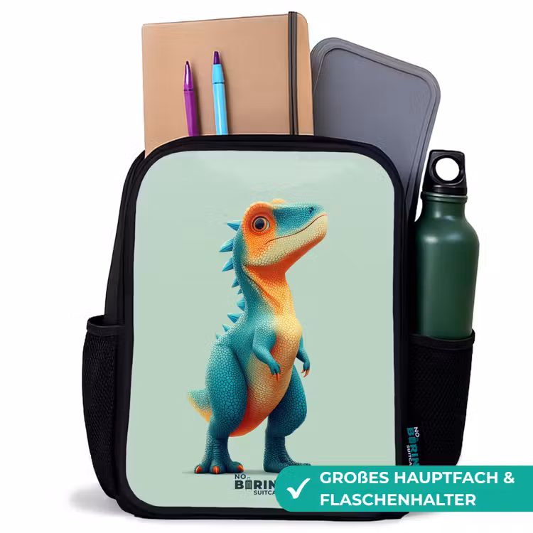 Stoere dino met grote ogen Rugzak - Zwart middel -inhoud_DE