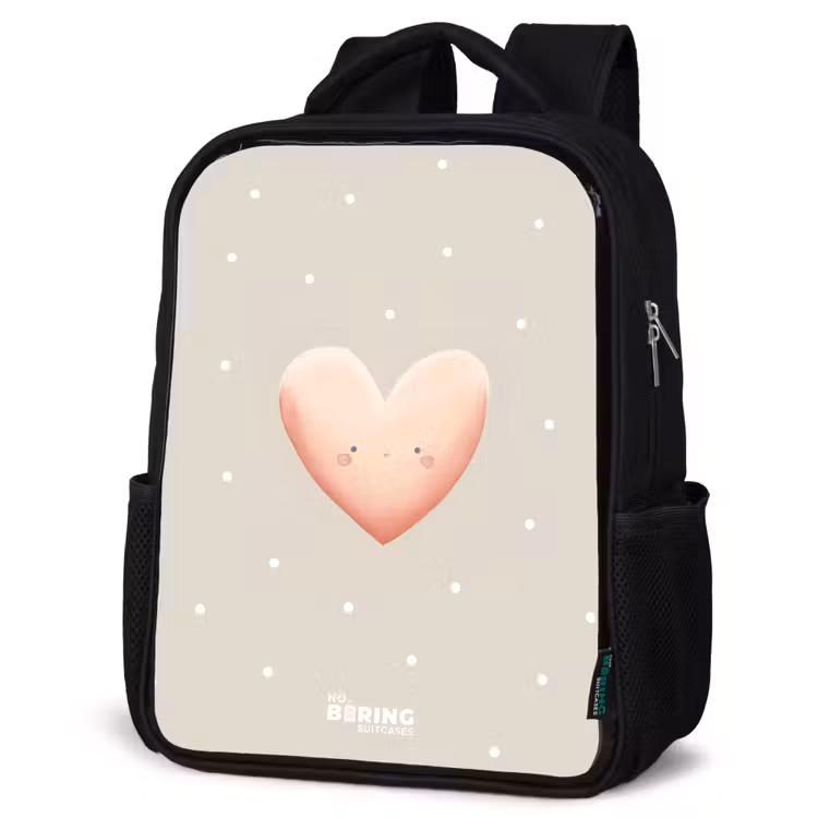Roze hart omringd door beige stippen Rugzak - Zwart middel -schuin