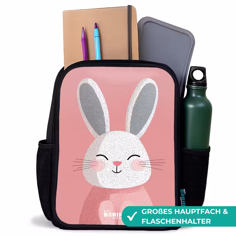 Roze - Konijn - Glimlach - Illustratie Rugzak - Zwart middel -inhoud_DE