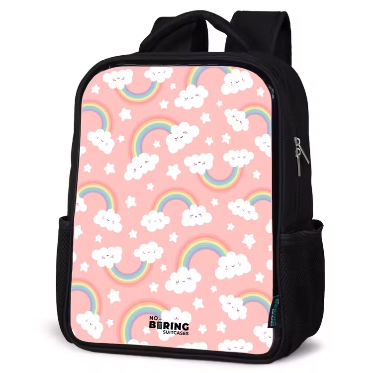 Roze met regenboog patroon Rugzak - Zwart middel -schuin