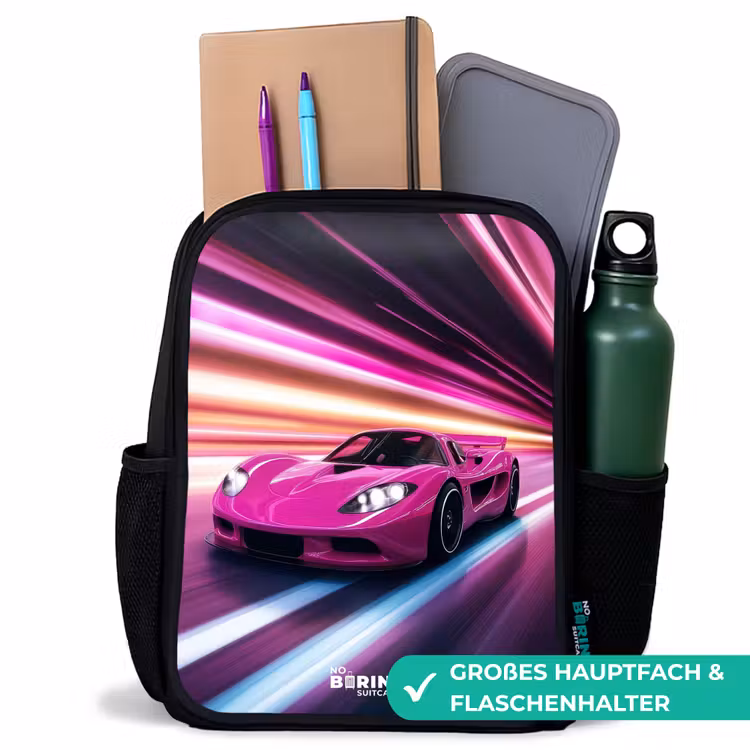 Roze raceauto flitst door neonlicht Rugzak - Zwart middel -inhoud_DE