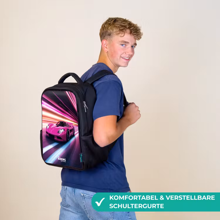 Roze raceauto flitst door neonlicht Rugzak - Zwart middel -sfeer9_DE