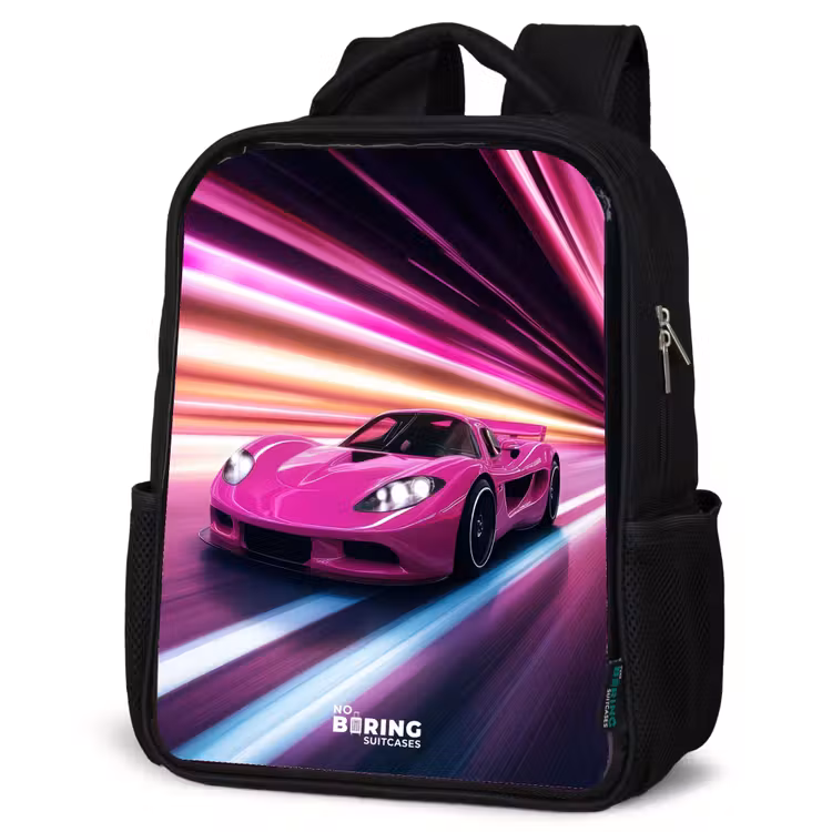 Roze raceauto flitst door neonlicht Rugzak - Zwart middel -schuin