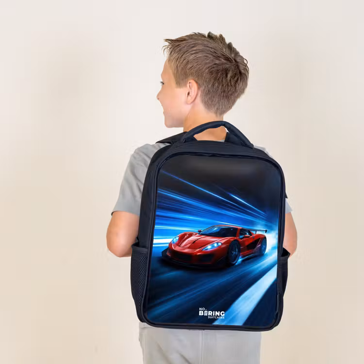 Rode racewagen in digitale snelheidswereld Rugzak - Zwart middel -sfeer2