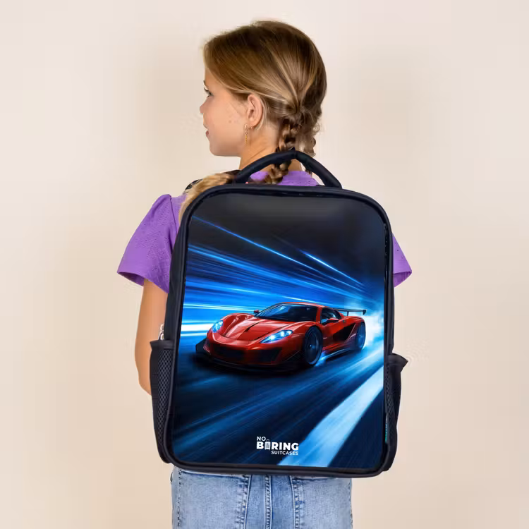 Rode racewagen in digitale snelheidswereld Rugzak - Zwart middel -sfeer5