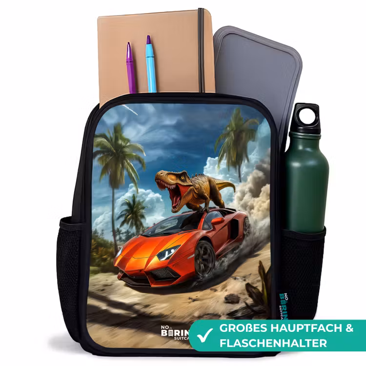 Rode sportauto met dino raast door tropisch strand Rugzak - Zwart middel -inhoud_DE
