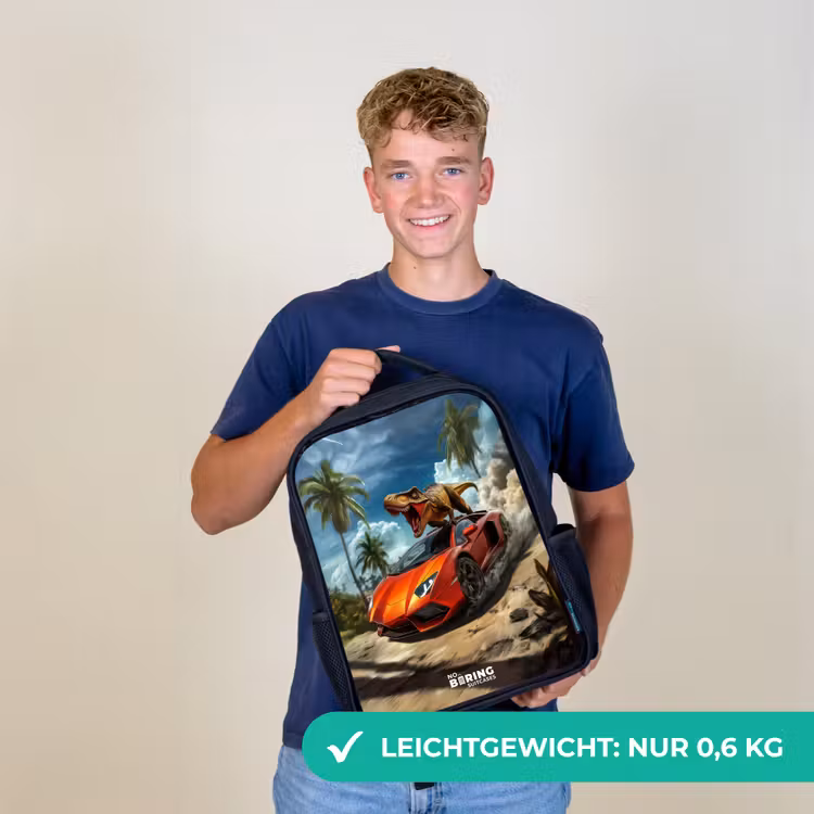 Rode sportauto met dino raast door tropisch strand Rugzak - Zwart middel -sfeer7_DE