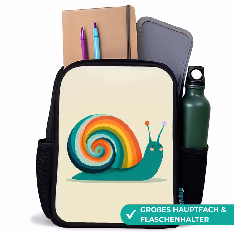 Slak - Regenboogschild - Groen Rugzak - Zwart middel -inhoud_DE