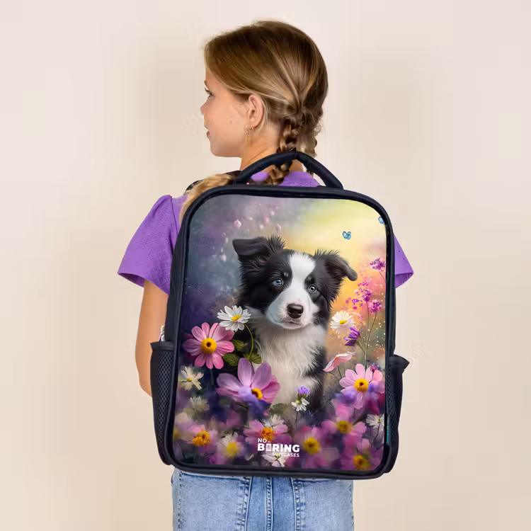 zwart witte puppy tussen kleurrijke bloemen Rugzak - Zwart middel -sfeer5