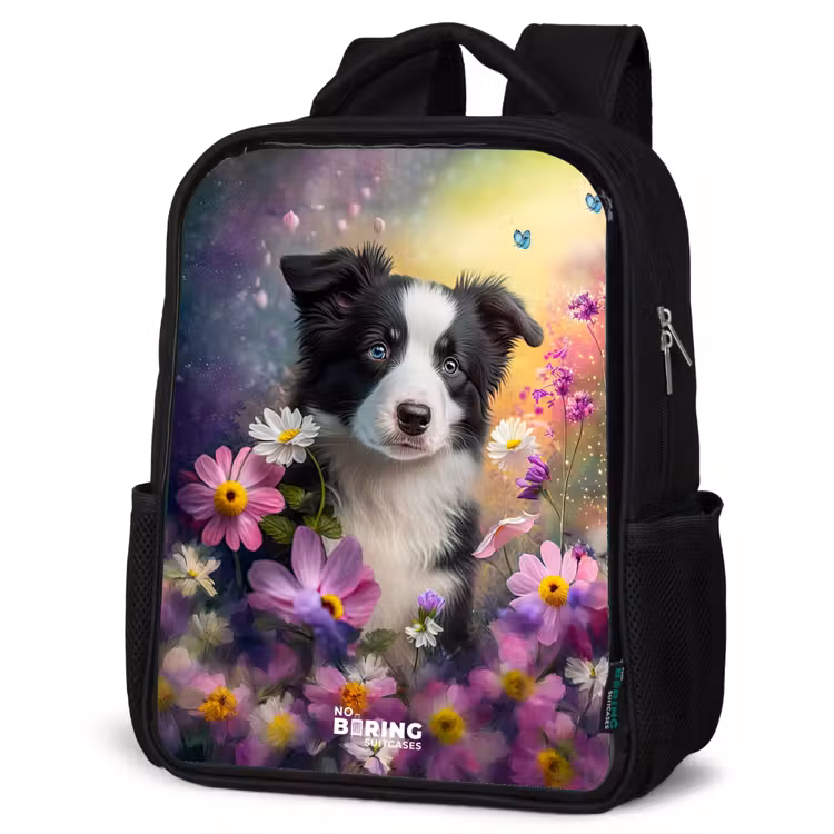 zwart witte puppy tussen kleurrijke bloemen Rugzak - Zwart middel -schuin