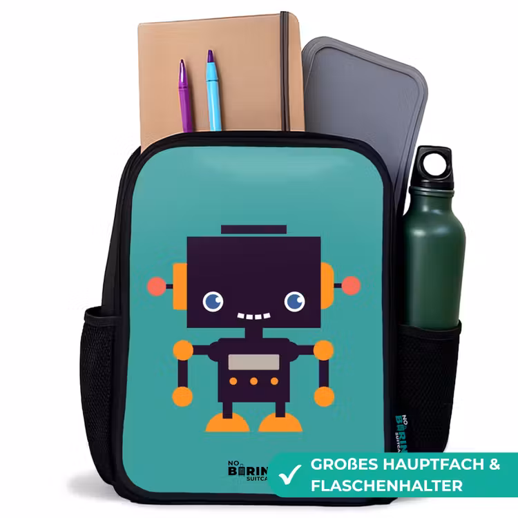 Zwarte robot met oranje accenten op een blauwe achtergrond Rugzak - Zwart middel -inhoud_DE