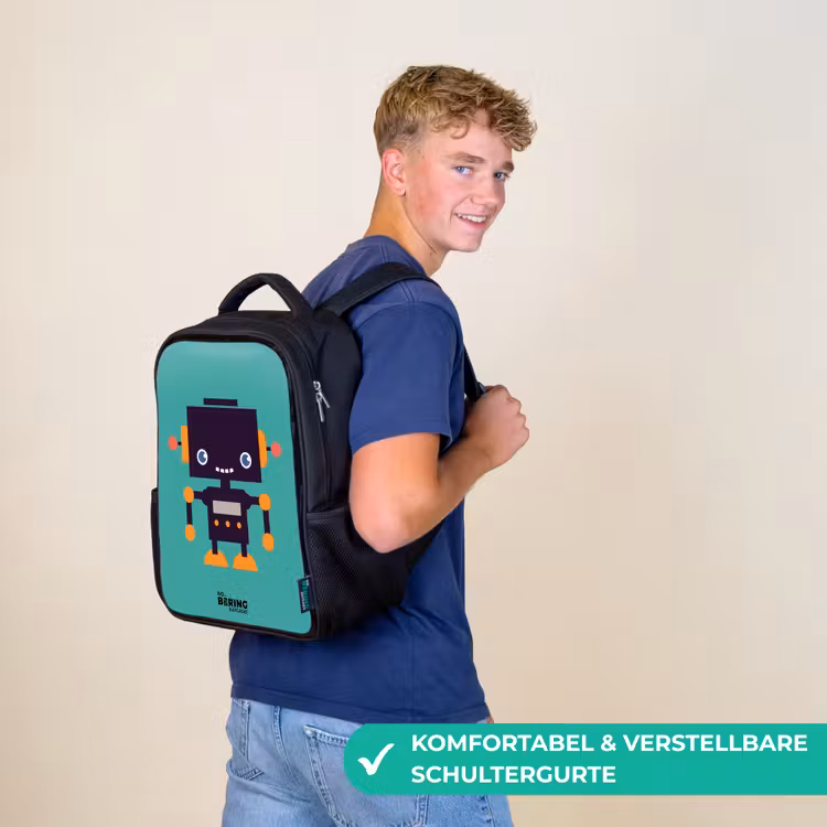 Zwarte robot met oranje accenten op een blauwe achtergrond Rugzak - Zwart middel -sfeer9_DE