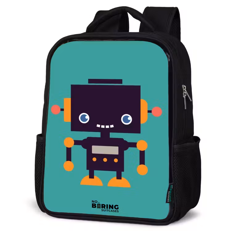 Zwarte robot met oranje accenten op een blauwe achtergrond Rugzak - Zwart middel -schuin