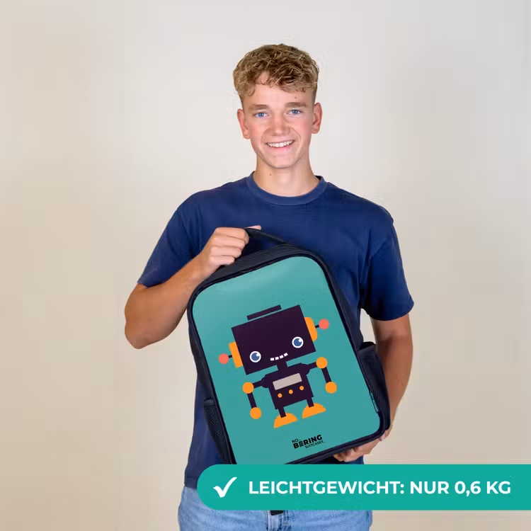 Zwarte robot met oranje accenten op een blauwe achtergrond Rugzak - Zwart middel -sfeer7_DE
