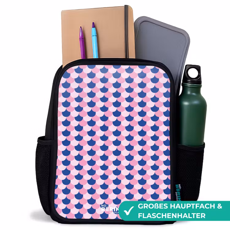 Schubben - Patroon - Blauw - Roze Rugzak - Zwart middel -inhoud_DE