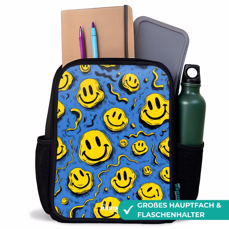 Smiley - Geel - Blauw Rugzak - Zwart middel -inhoud_DE