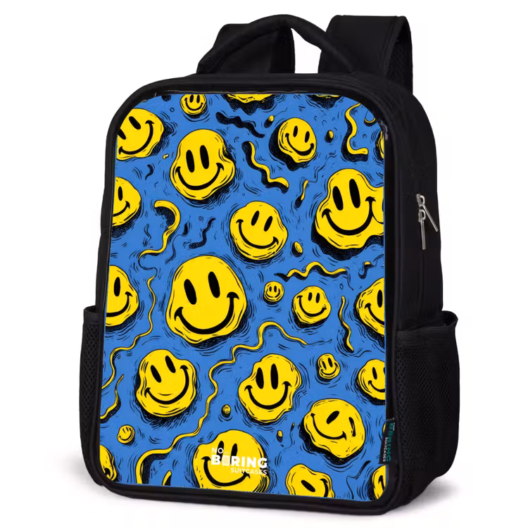 Smiley - Geel - Blauw Rugzak - Zwart middel -schuin