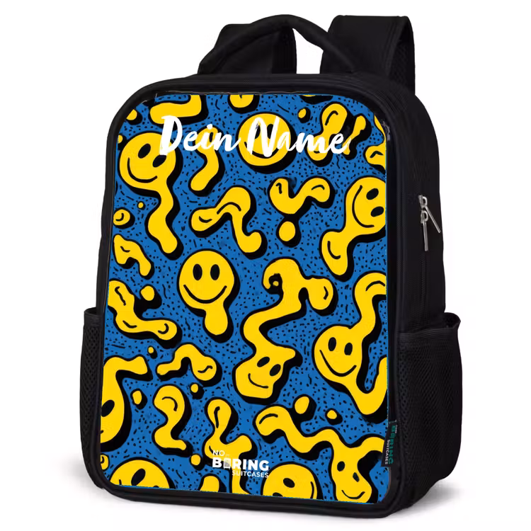 Smiley - Geel - Blauw Rugzak - Zwart middel -schuin