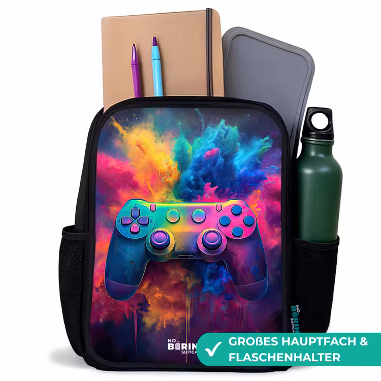 Game - Controller - Kleurrijk - Explosie Rugzak - Zwart middel -inhoud_DE