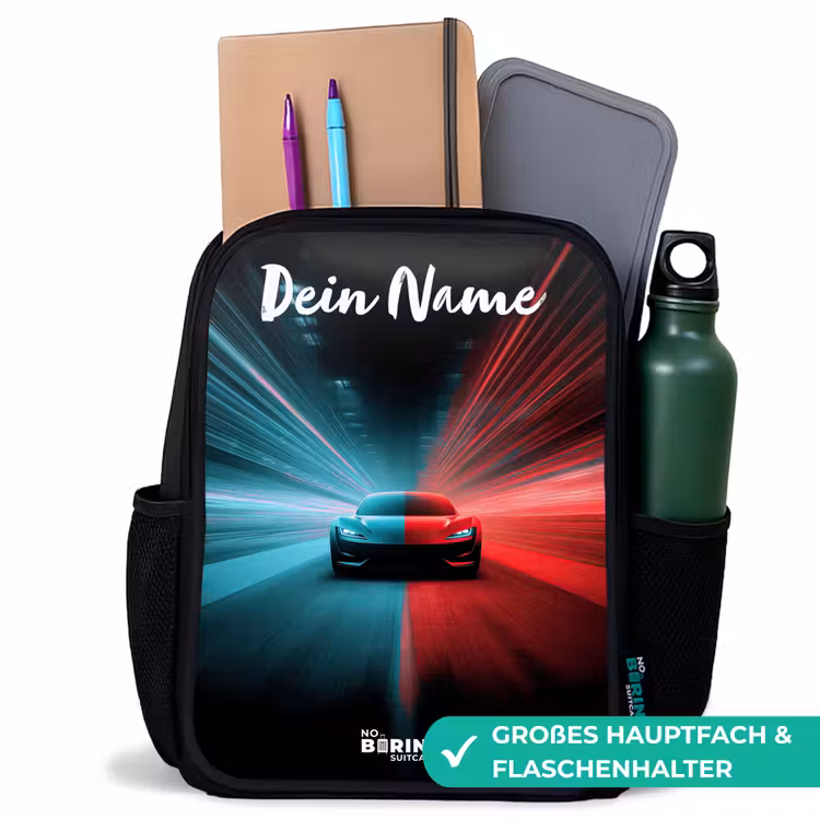 Sportauto - Blauw - Neon - Stad Rugzak - Zwart middel -inhoud_DE