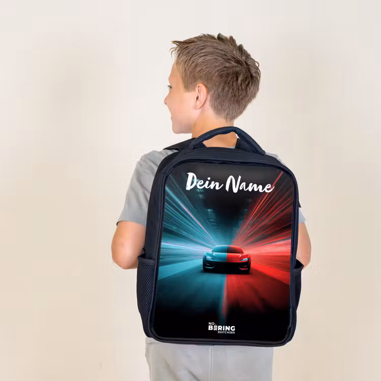 Sportauto - Blauw - Neon - Stad Rugzak - Zwart middel -sfeer2